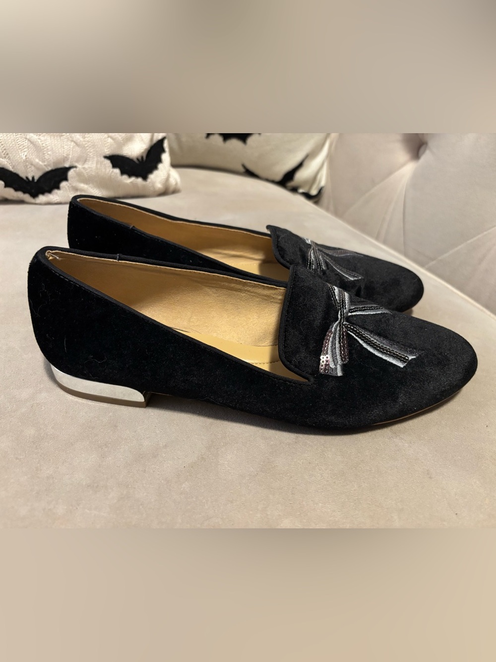 Talbots Black Velvet Loafers Flats Silver Heel Bow Embroidered Festive Holiday 9